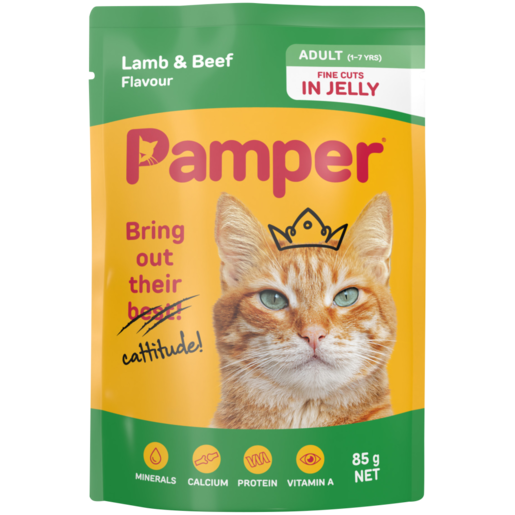 Pamper Lamb & Beef Flavoured Adult Cat Food In Jelly Pouch 85g