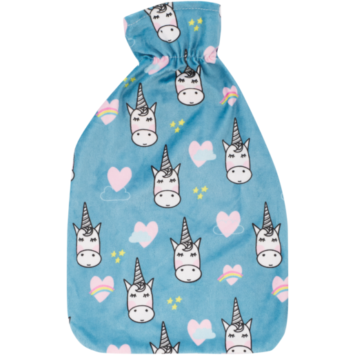 Hot Water Bottle With Blue Fleece Unicorn Cover 2L